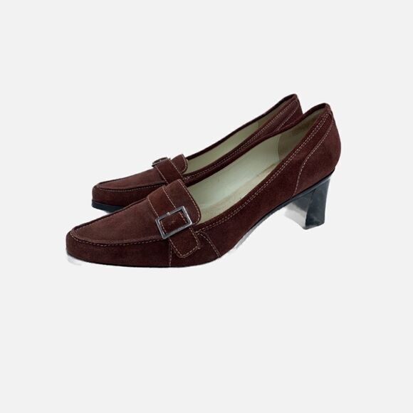 Calvin Klein Edie Burgundy  Leather Loafer Suede Heel Buckle 6 M Block Heel - Picture 1 of 15